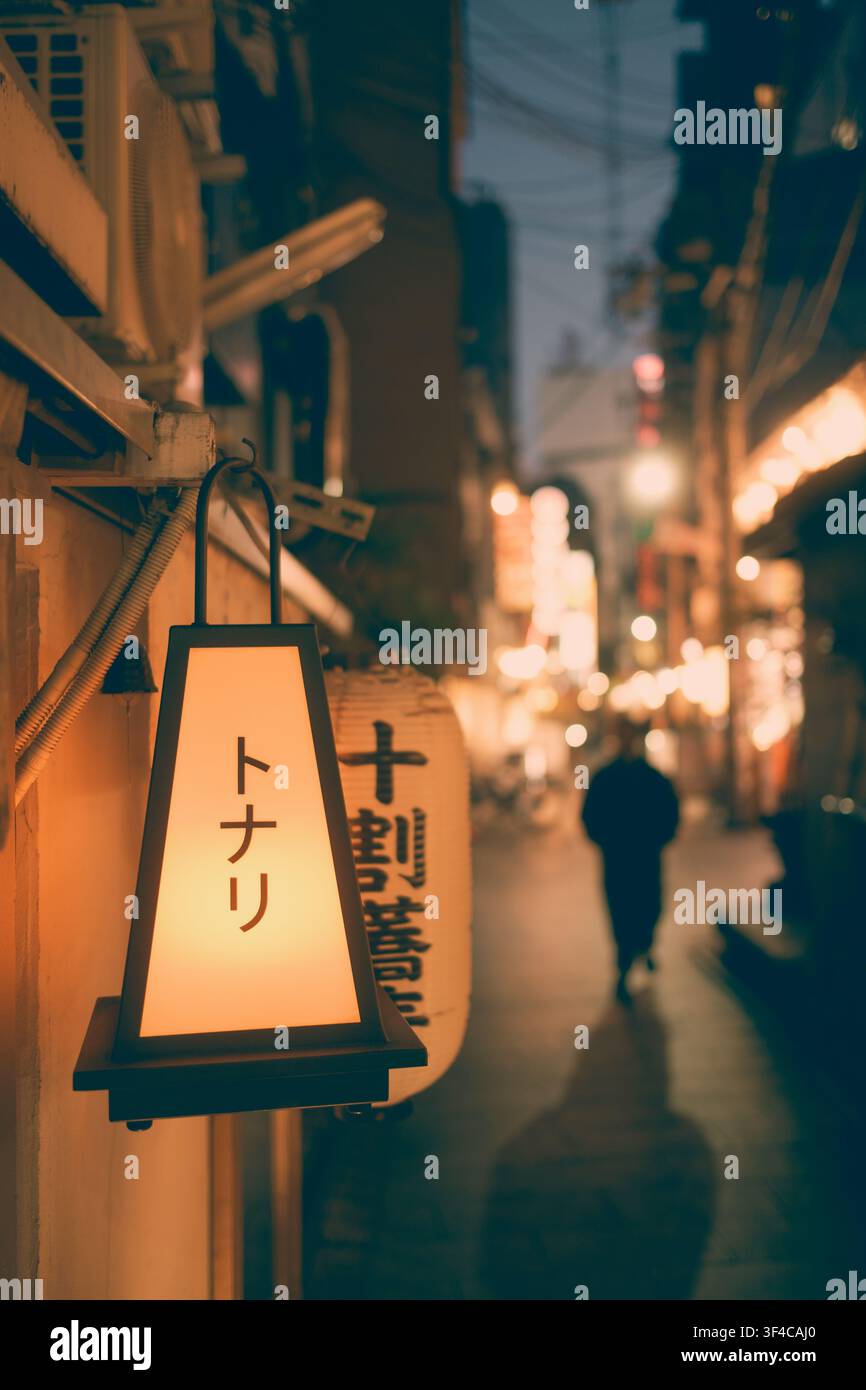 Eine schmale Osaka-Hintergasse leuchtet sanft im Licht der Laternen, während eine einsame Gestalt in der Ferne als Silhouette vorbeigeht. Die Szene trägt ein stilles Gefühl von Nostalgie Stockfoto