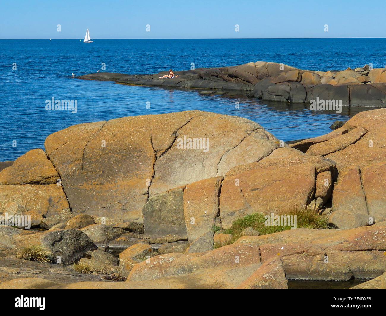Schweden, Granitfelsen entlang der Küste von Bohuslän in Schweden, geglättet von Eis und Wellen. Die orange-rosafarbenen Felsen bestehen aus Bohus-Granit, geformt und poliert Stockfoto