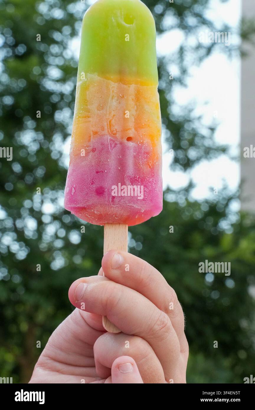 Fruchteis in der Hand eines Kindes vor einem Naturhintergrund. Buntes Eis. Stockfoto