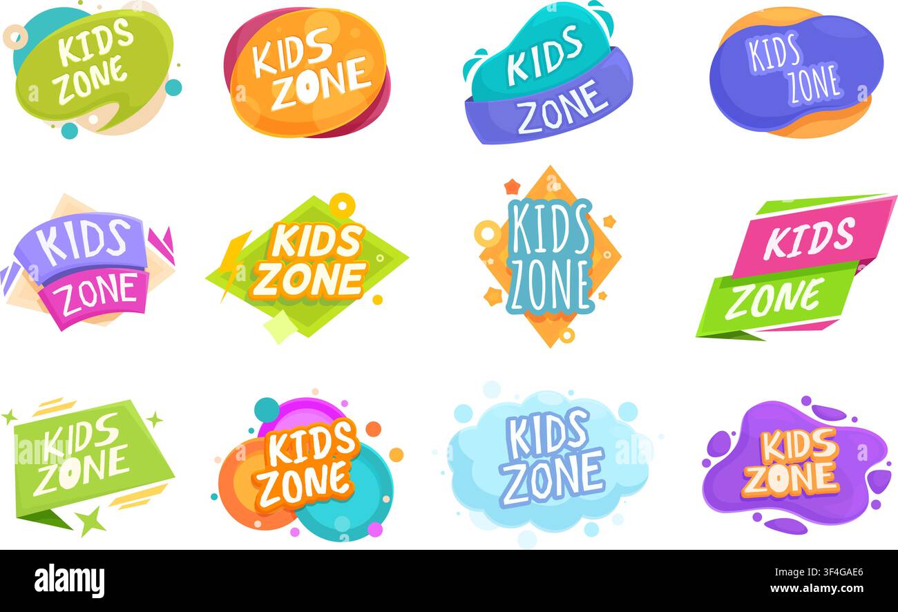 Kinderzonen-Badges. Farbiges Logo, Kinderzimmer, Kinderbereichs-Aufkleber. Isolierte Elemente für Spielzimmer, Spielplatz, Geschäfte, knackiges Vektordesign Stock Vektor