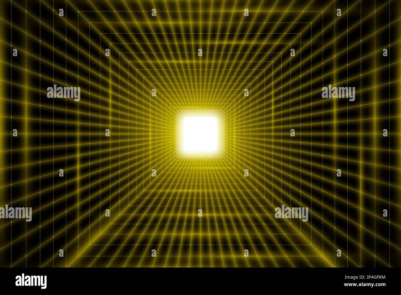 Realistisches gelbes digitales Portal zur virtuellen Realität. Sci-Fi-quadratisches leuchtendes Portal. 3D-Linien-Wurmloch-Tunnel. Vektorillustration Stock Vektor