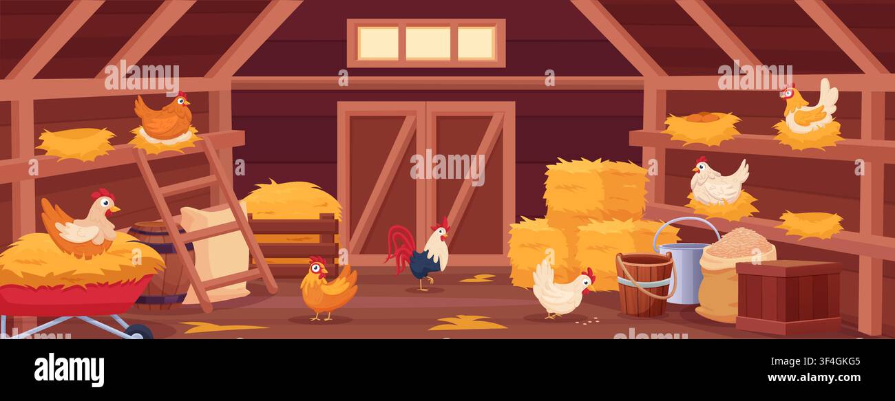 Cartoon-Hühnerstall. Holzscheune im Inneren, Hühnerhaus und landwirtschaftliche Geräte. Lustiges Huhn, Hahn und Henne. Sack mit Getreide, Geflügelzucht Stock Vektor