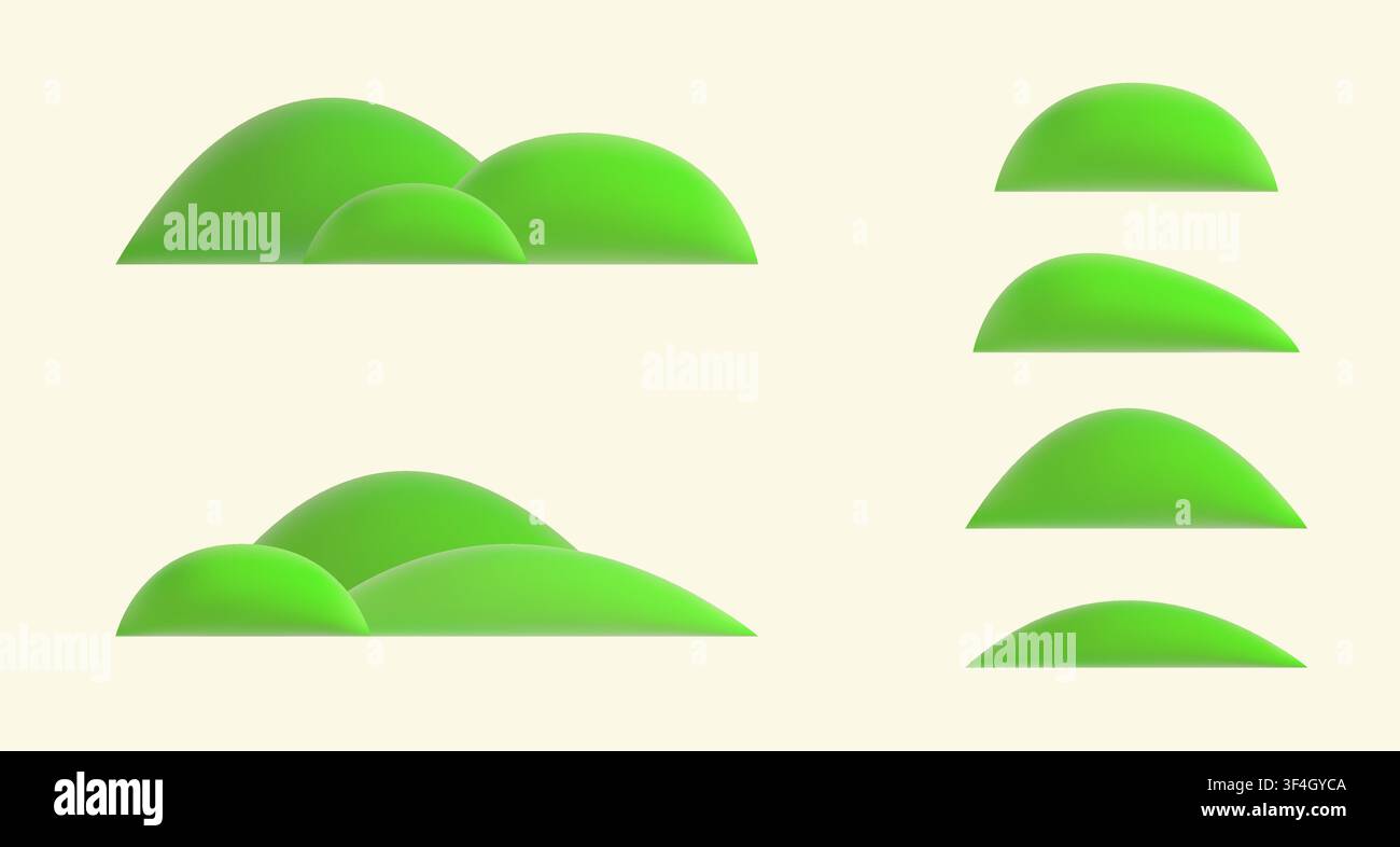 Süßer 3D-Frühlingshügel, bedeckt mit grünem Gras. Cartoon-Landschaftselemente und Komposition für Kinderillustrationen, Naturszenen, Außenumgebungen Stock Vektor