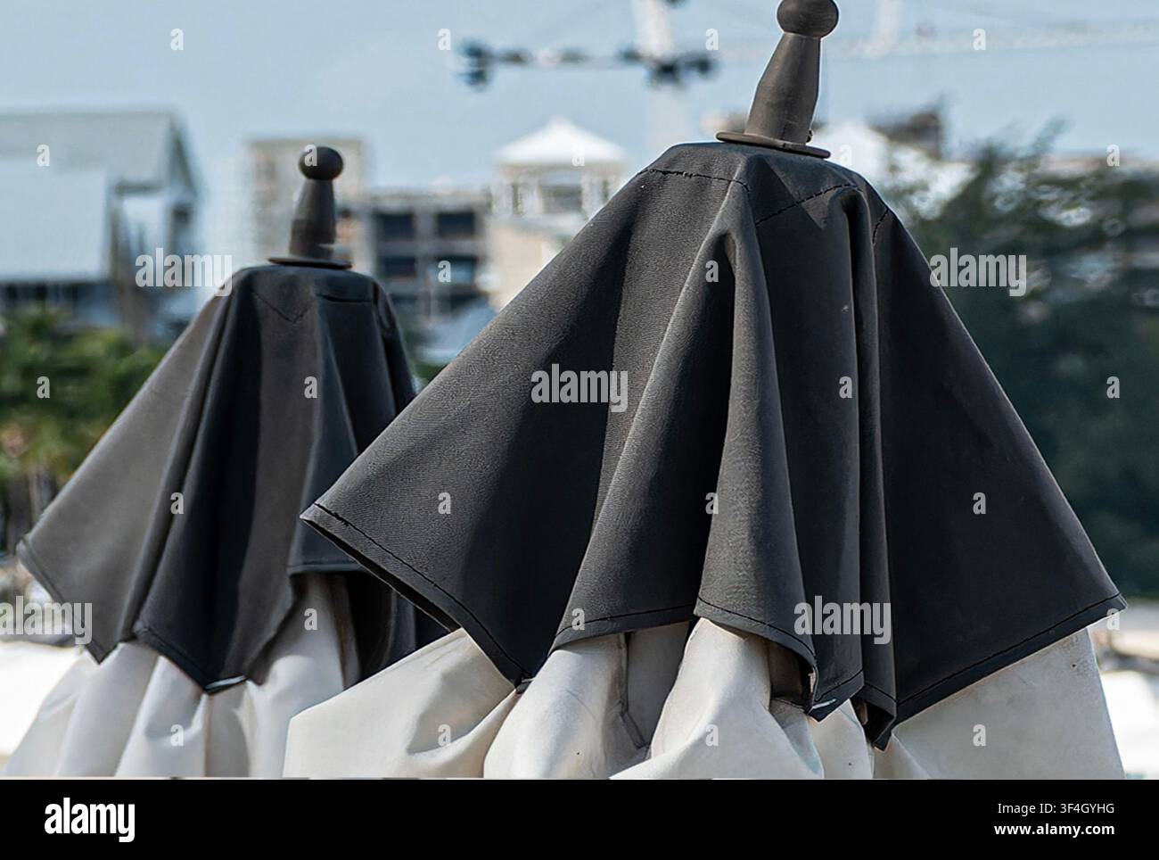 Dies sind geschlossene schwarze Strandschirme Stockfoto
