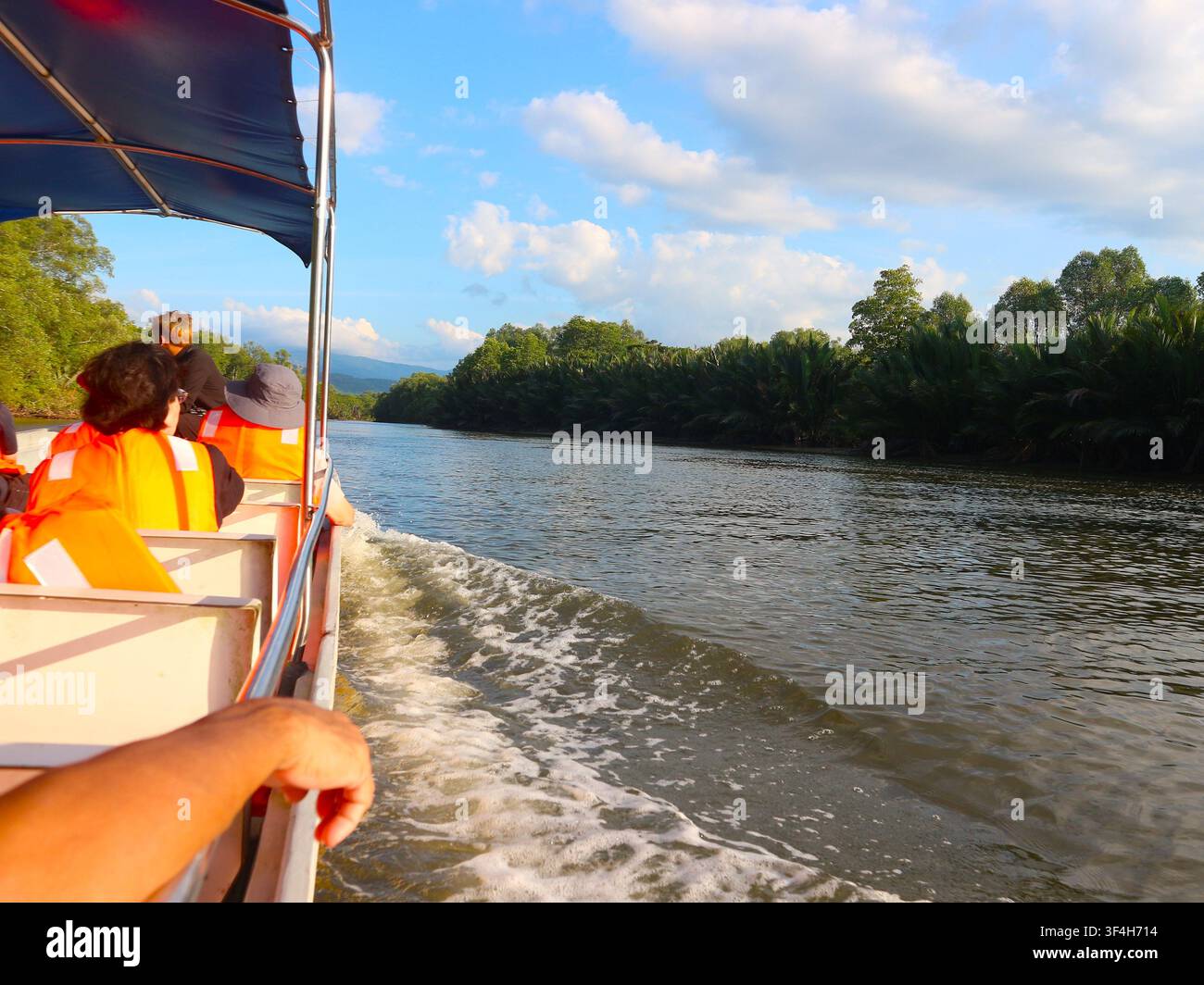 Reisefotografie von Touristen an Bord eines Segelboots, das durch die Flussmündung fährt, um Wildtiere in Sabah, Malaysia Borneo, zu beobachten Stockfoto