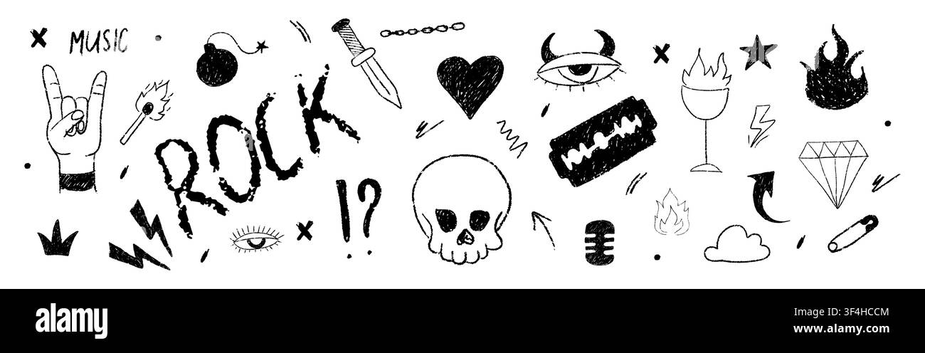 Gothische Emo-Kohle-Schädel-Doodles. Kreide-Kritzel-Kollage. Vektor-Dunkel-Kunst-Texturen Stock Vektor
