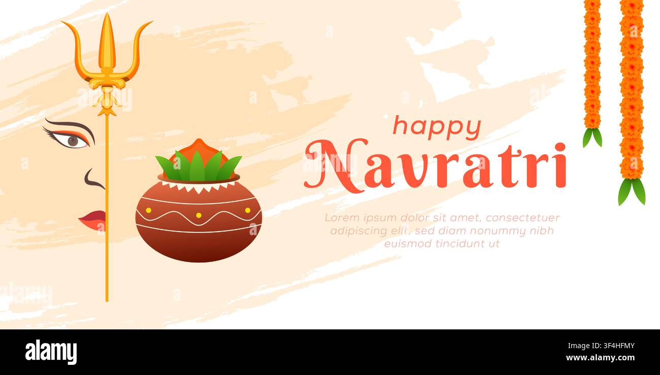 Fröhliches Navratri-Horizontal-Banner-Design mit Trishul und Kalash Stock Vektor