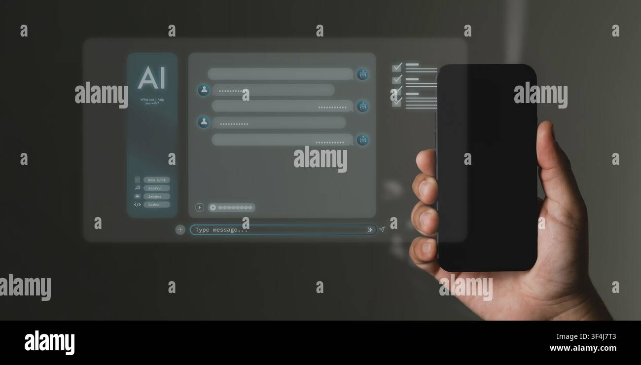 Smartphone-Bildschirm neben einer leuchtenden KI-Chatbot-Schnittstelle mit Eingabefeld für Eingabeaufforderungen, Chat-Blasen und Checkliste, Chatbot und digitale Assistententechnologie Stockfoto