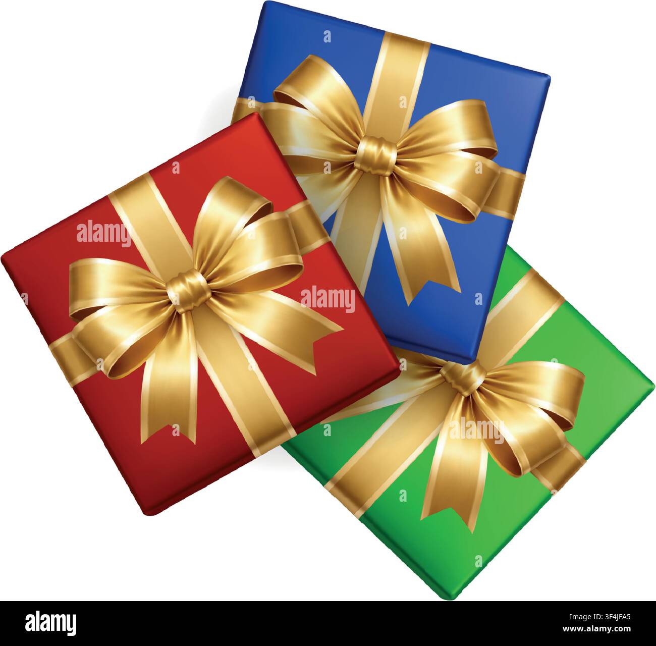 Drei farbenfrohe Geschenkkisten mit goldenen Bändern isoliert auf weißem Hintergrund. Festliches Geburtstags- und Feiertagsdesign Stock Vektor