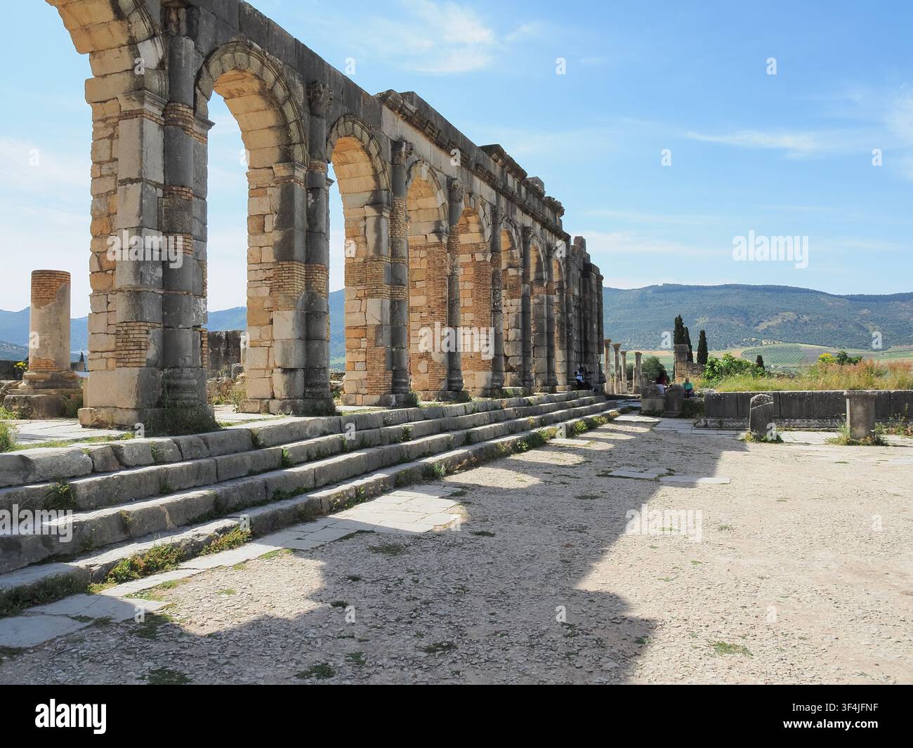 Außenansicht der Basilika an der römisch-bерберизischen historischen Stätte von Volubilis bei Meknes, Marokko Stockfoto