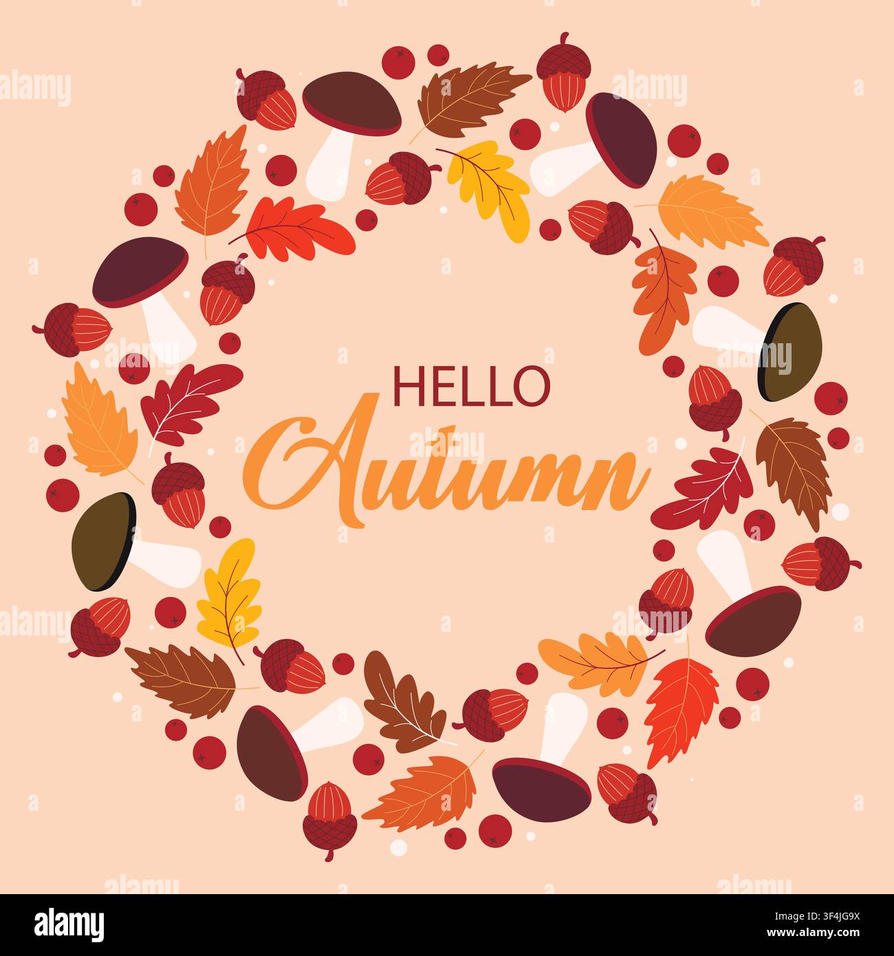 Runde Herbstsaison-Karte Hallo Herbst. Gemütlich, stimmungsvoll, runder botanischer Rahmen mit Text. Herbst-Design-Vorlage, Vektorgrafik Stock Vektor