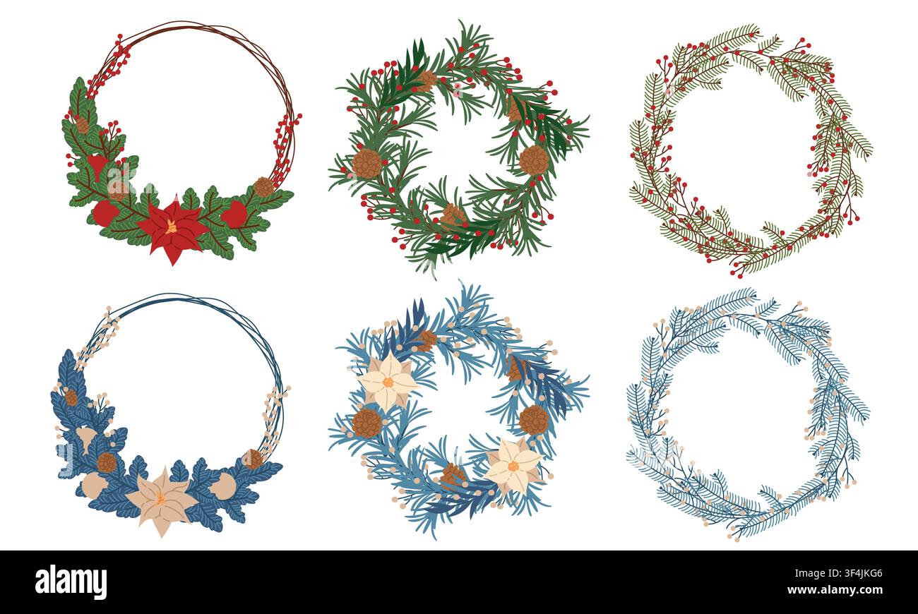 Setzen Sie Weihnachtskränze in natürlichen und blauen Farben Stock Vektor