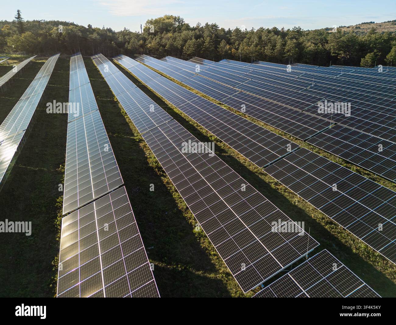 Luftbild zeigt ausgedehnte Solarpaneele, die in Reihen angeordnet sind und erneuerbare Energie in einer grünen Landschaft unter klarem Himmel produzieren. Stockfoto