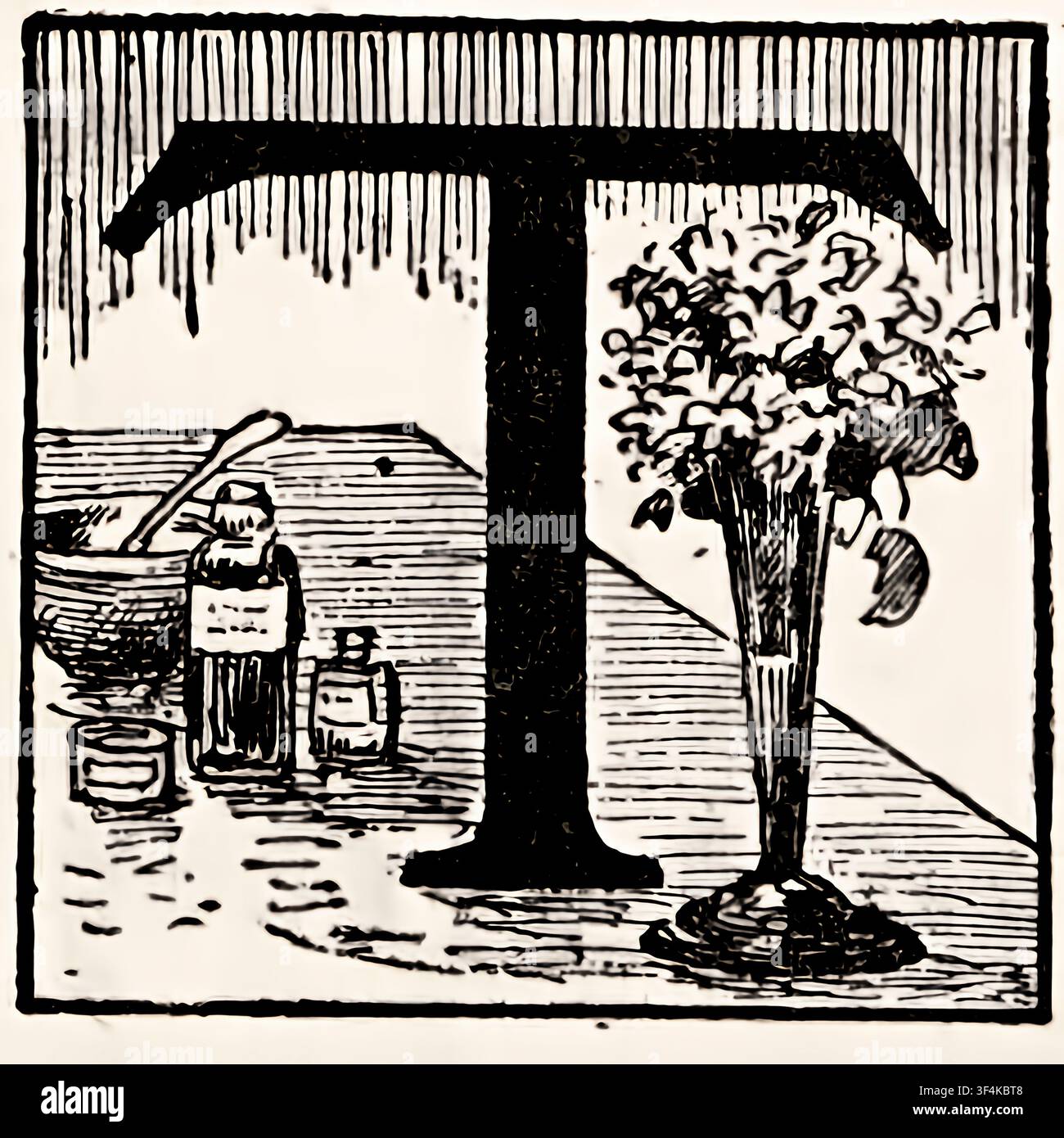 Dekorativer Anfangsbuchstabe 'T' als Rahmen. Zeigt eine Vintage-Szene mit Apothekenflaschen. Eine Schüssel. Und ein Löffel auf einer Seite. von Louis Rhead 1911 Stockfoto