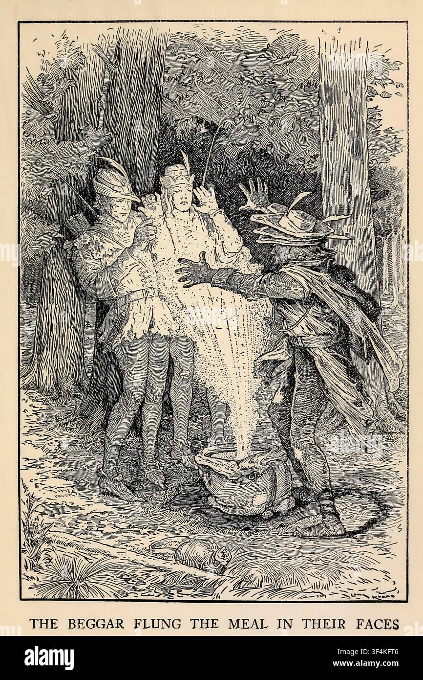 Robin Hood und ein Begleiter reagieren mit Überraschung und Ekel, während ein verkleidetes Bettler eine Kanne mit heißer Mahlzeit ihnen ins Gesicht wirft während einer Begegnung im Wald. aus Bold Robin Hood and his outlaw band : their famous exploits in Sherwood forest von Louis Rhead, 1857-1926 Veröffentlichungsdatum 1912 Stockfoto