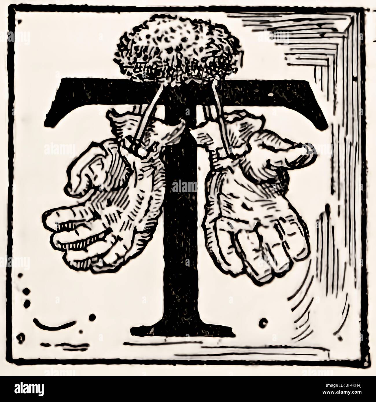 Verschnörkelter Initial T mit offenen Händen, die von einem zentralen Dekorelement hängen und von einem gemusterten Rahmen umgeben sind, repräsentierend historische Typografie und künstlerisches Handwerk. von Louis Rhead 1911 Stockfoto