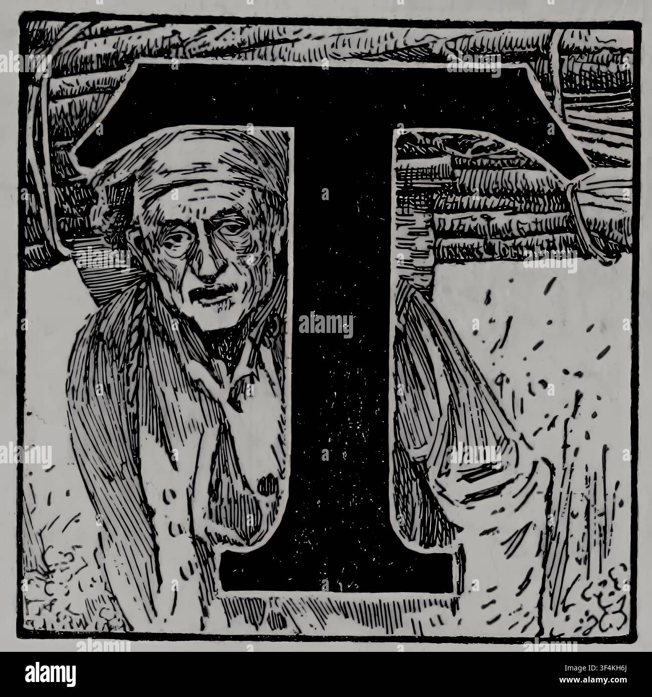 Großbuchstabe T mit einer Gravur eines müden alten Mannes, der in einer ländlichen Umgebung arbeitet, symbolisch für harte Arbeit, bäuerliches Leben und traditionelle Typografie. Illustriert von Louis Rhead 1922 Stockfoto