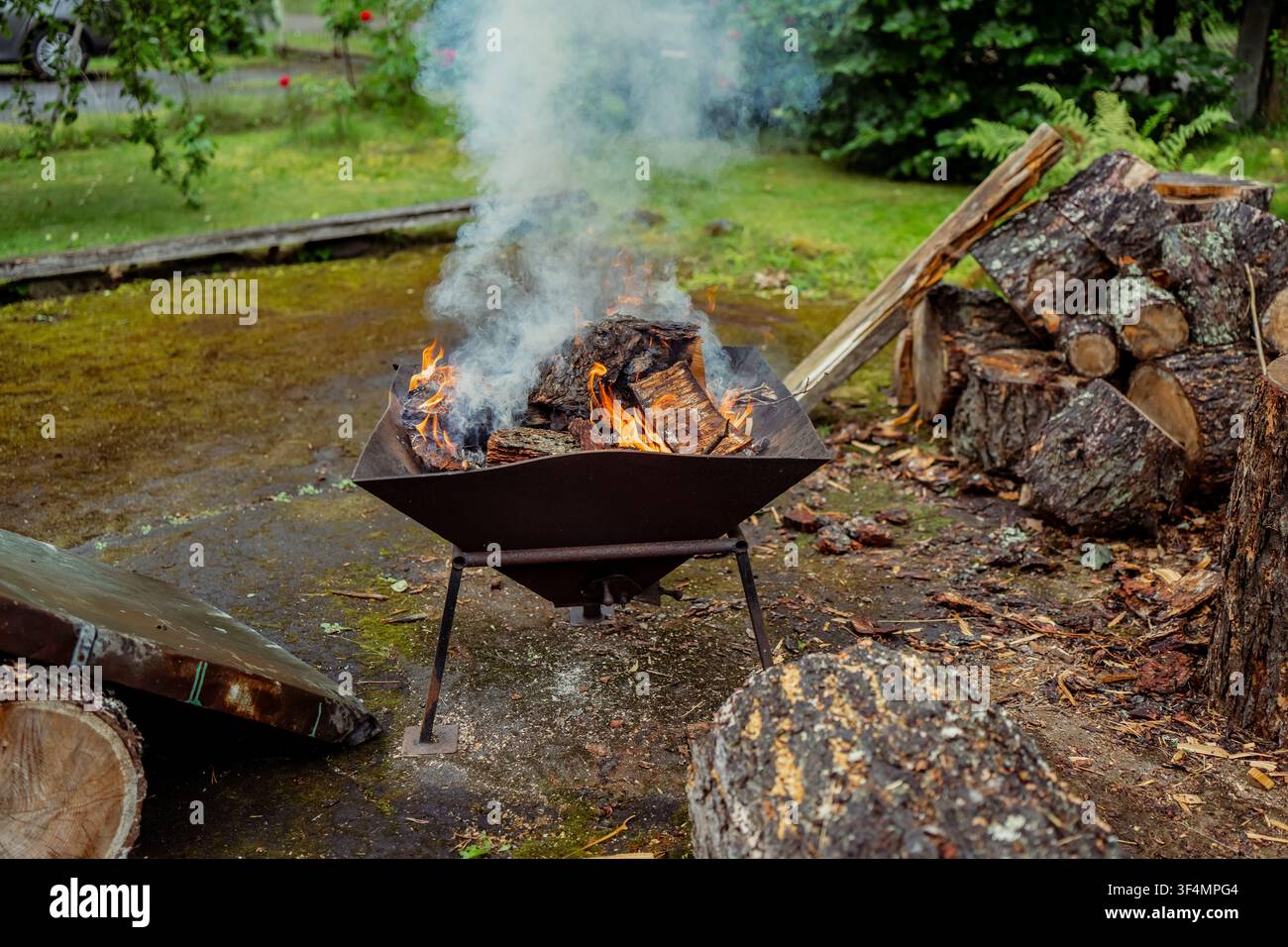 Offene Feuerstelle mit brennenden Holzscheiten und Rauchfahne, die Kraftstoffmanagement, Biomasseheizung und Entspannung im Freien verkörpert Stockfoto