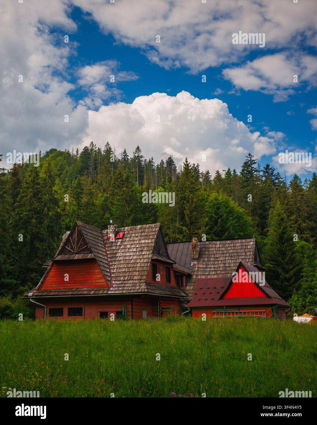 Rustikales rotes Holzhaus in Zakopane, Tatragebirge Stockfoto