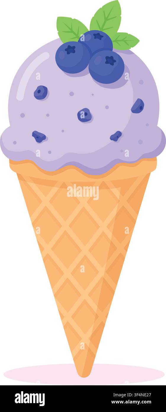 Eine schöne lila Heidelbeer- oder Lavendelesserlöffel in einer knusprigen Waffeltüte Vektorillustration isoliert auf weißem Hintergrund. Dieses Sommerdessert Stock Vektor