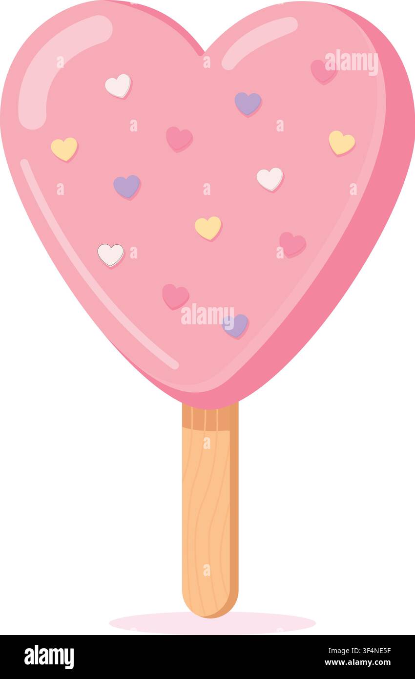 Eine niedliche rosa herzförmige Eiscreme-Vektorillustration, isoliert auf weißem Hintergrund. Dieses süße Sommerdessert hat einen Holzstab und Stock Vektor