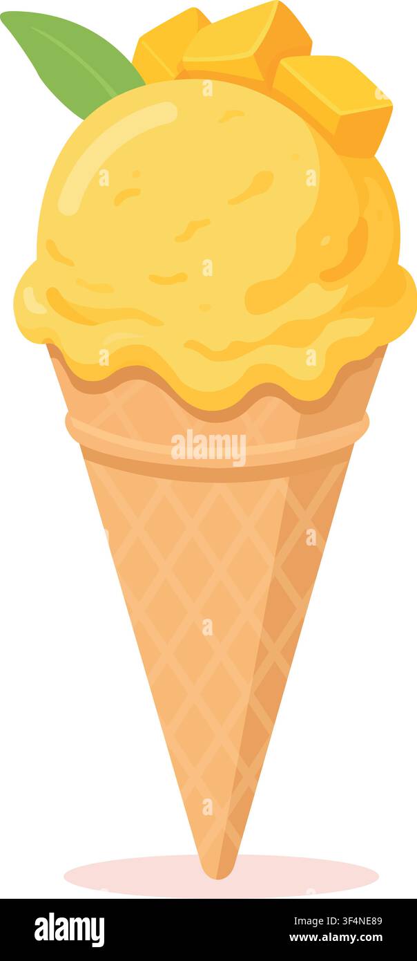 Eine leuchtend gelbe Kugel Zitronen- oder Bananeneis in einer knusprigen Waffeltüte, Vektorgrafik isoliert auf weißem Hintergrund. Dieser erfrischende Sommerfro Stock Vektor