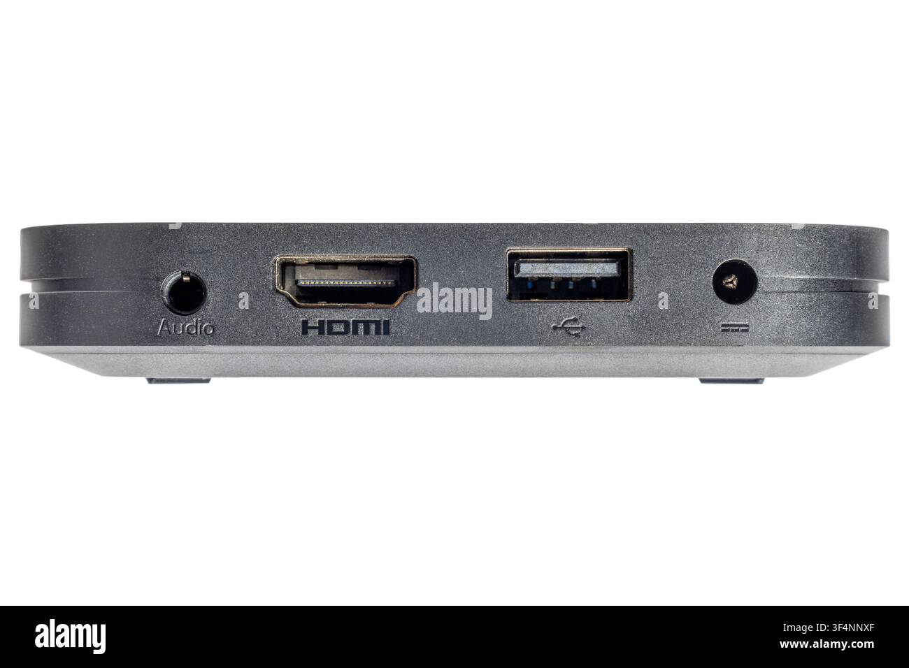 Kompaktes Multimediagerät Rückseite mit Audio-, HDMI-, USB- und Stromanschlüssen Stockfoto