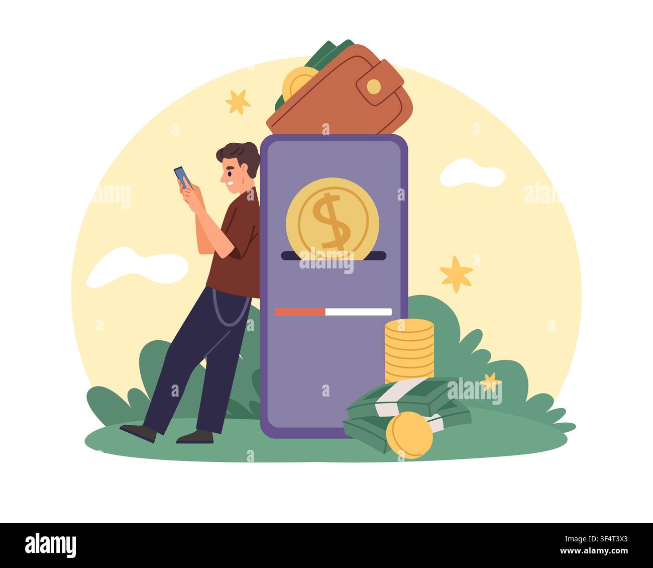 Mobiles Bezahlen und digitale Geldbörse. Smartphone-Banking-App, Online-Transaktionen, Fintech-App-Technologie, persönliches Finanzmanagement, Geld Stock Vektor
