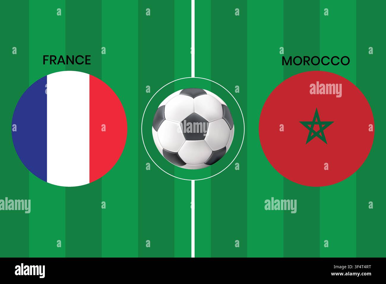Frankreich vs. Marokko Fußballspiel-Konzept mit Nationalflaggen auf grünem Fußballfeld, perfekt für Sportevent-Promotionen und Matchday-Banner. Stock Vektor