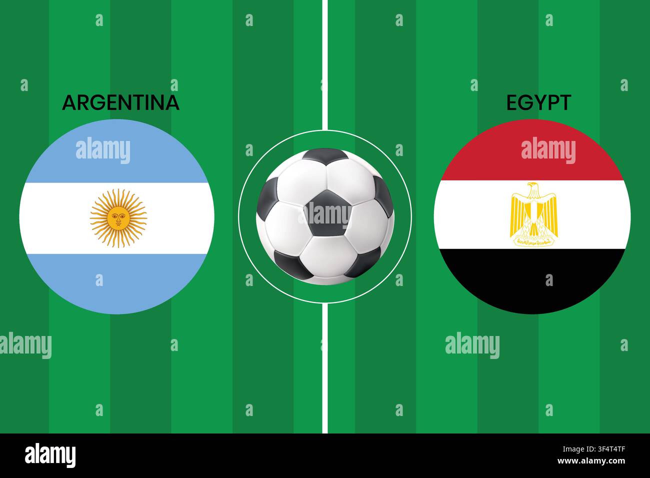 Fußballkonzept Argentinien gegen Ägypten mit Nationalflaggen auf grünem Fußballfeld, perfekt für Sportveranstaltungspromotionen und Matchday-Banner. Stock Vektor
