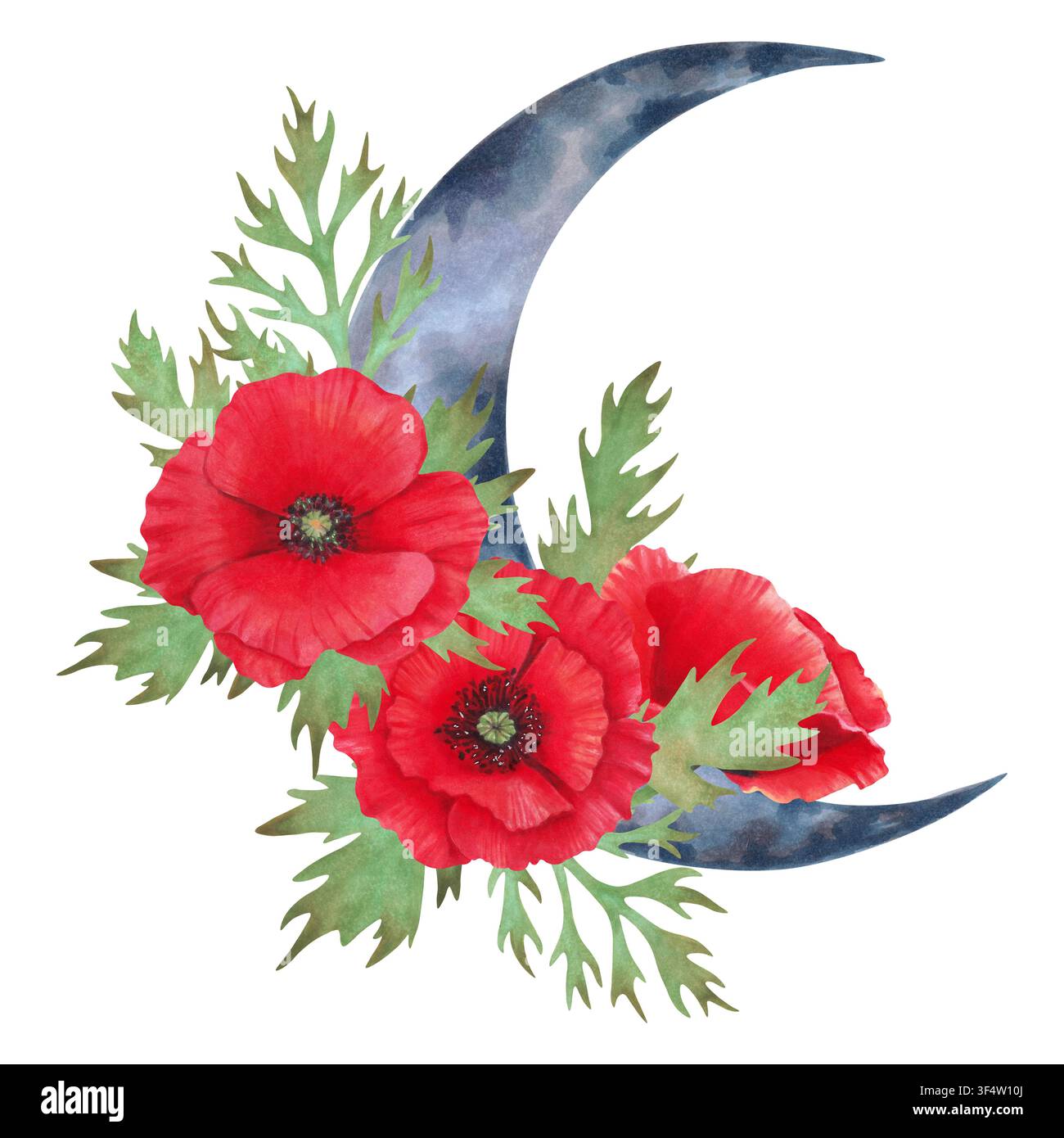 Aquarellbotanische Illustration eines Halbmonds mit roter Mohnblume und Laub. Handgezeichnete Komposition. Tag der Mohnblume. Geeignet für Kinderzimmer-Dekoration Stockfoto