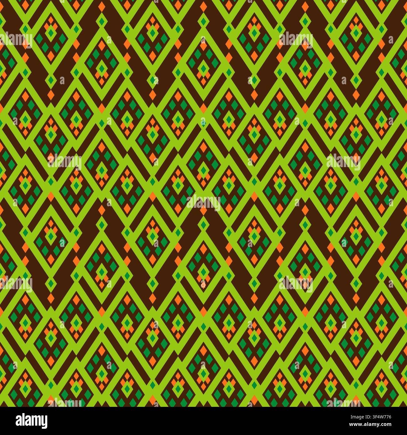 Geometrisches ethnisches Nahtlosmuster. Mosaikornament. Grün-orangefarbene Motive auf dunklem braunem Hintergrund Stock Vektor