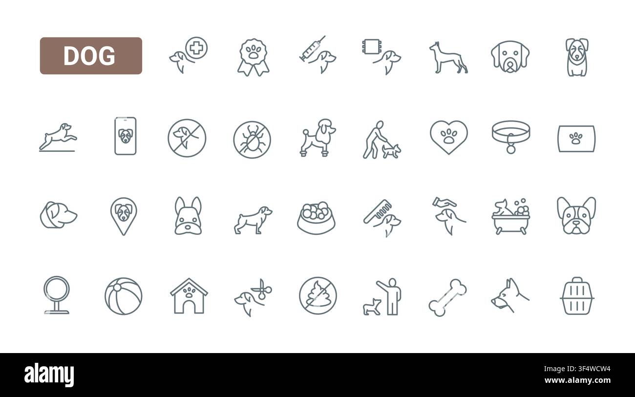 Hundetpflege- und Haustierservicesymbole, die Pflege, Spazierengehen, Fütterung, Training, Gesundheit, Adoption und Zubehör für Veterinär- und Tierlifestyle-Themen zeigen, schwarze Linienicons-Set-Vektorillustration Stock Vektor