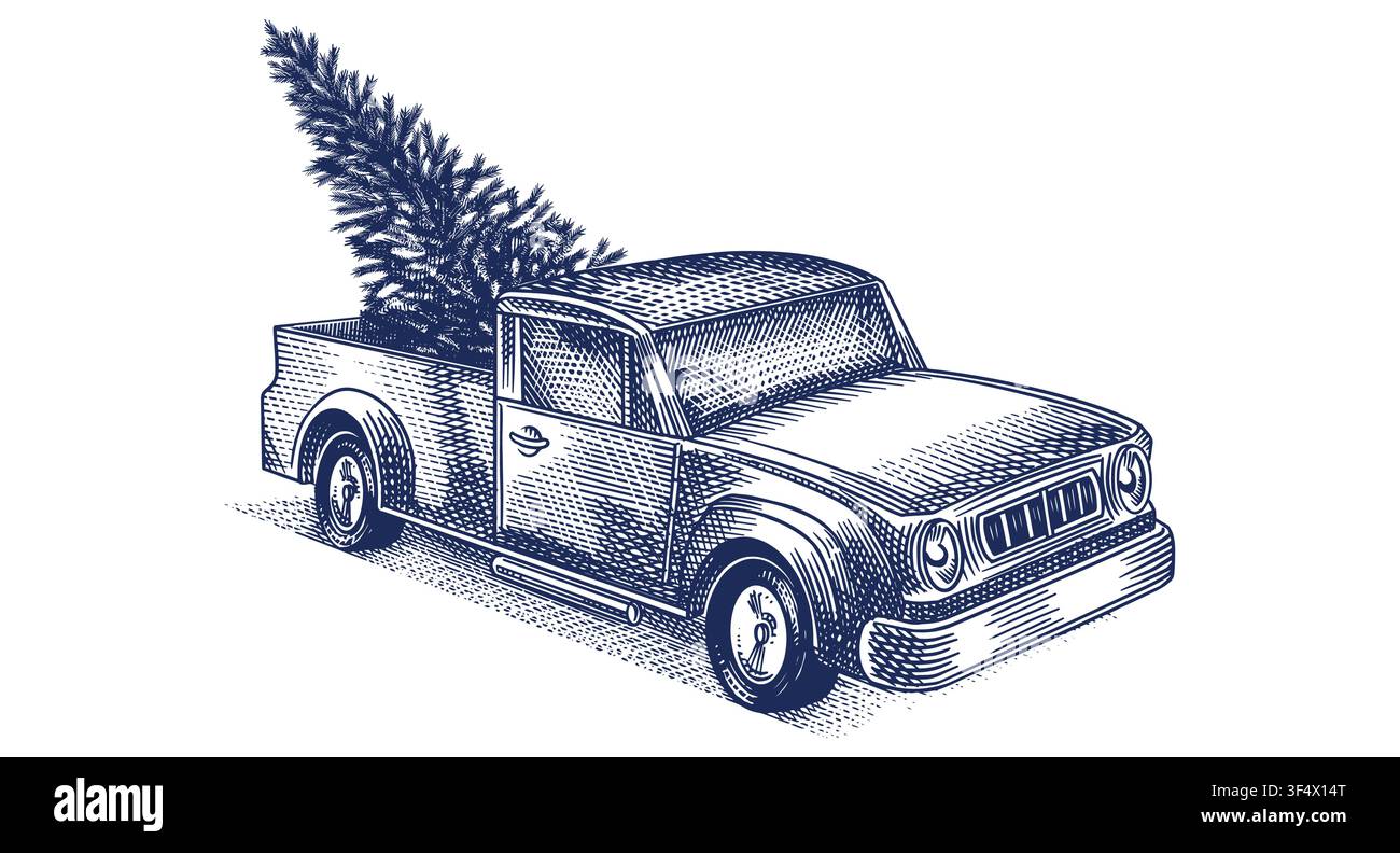 Weihnachtslieferung mit Kleintransporter. Vollständig handgezeichnete Radierung für Feiertagsanzeige Stock Vektor