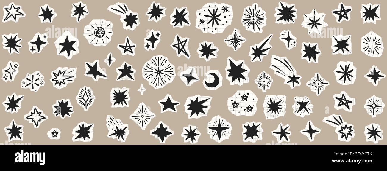 Niedliche Papierausschnitt-Sterne mit Grunge-Textur und handgezeichneten Elementen, ideal für Scrapbook-Collagen, Tagebuch-Dekoration und vintage-inspirierte Kreativität Stock Vektor