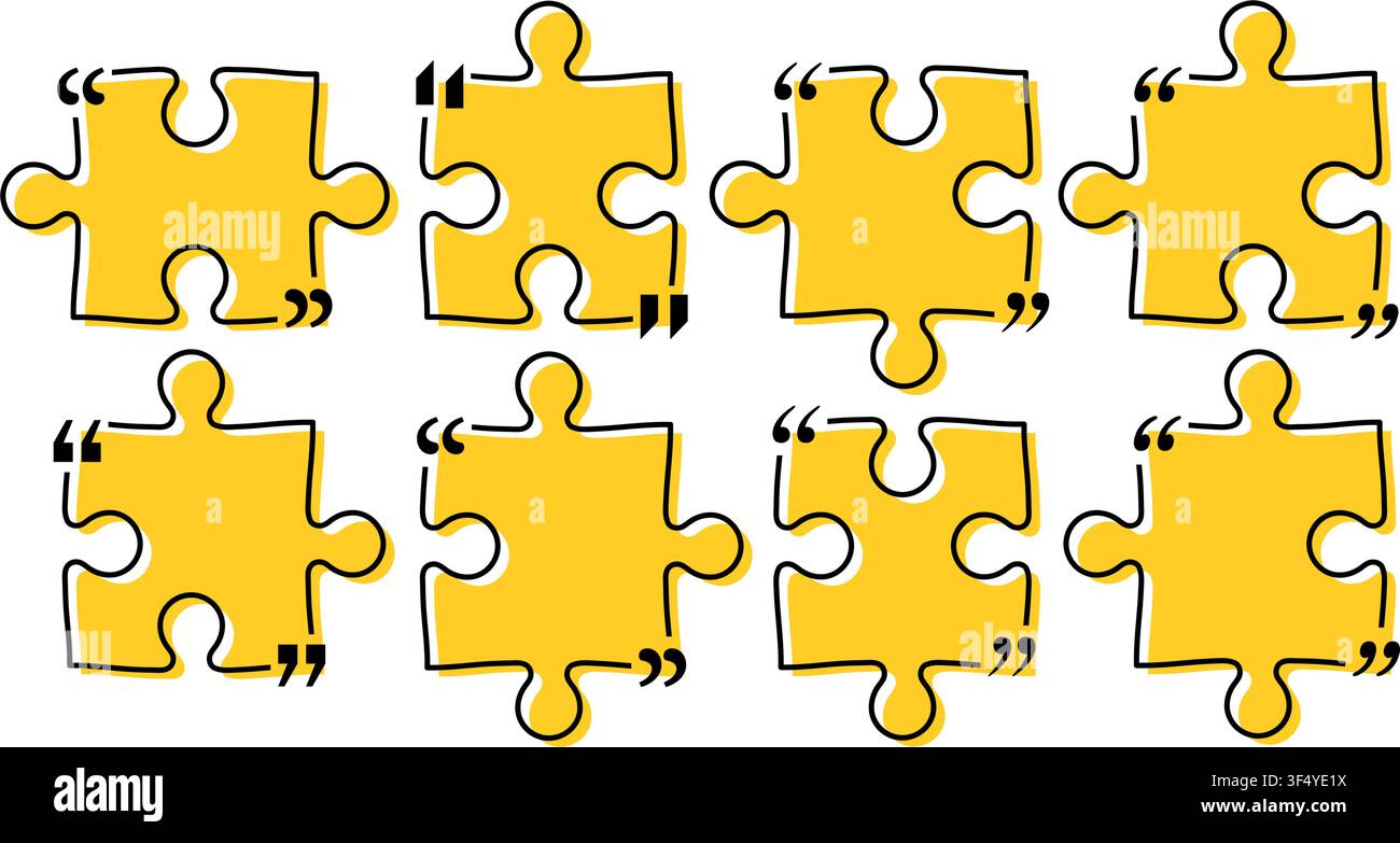 Zitatbox-Titelpack isoliert. Gelbe puzzlestil Redeanführungszeichenrahmen. Textgesprächs-Informationsnachrichtenfeldrahmen. Dialogzeichen Redeanführungszeichen-Symbol. V Stock Vektor