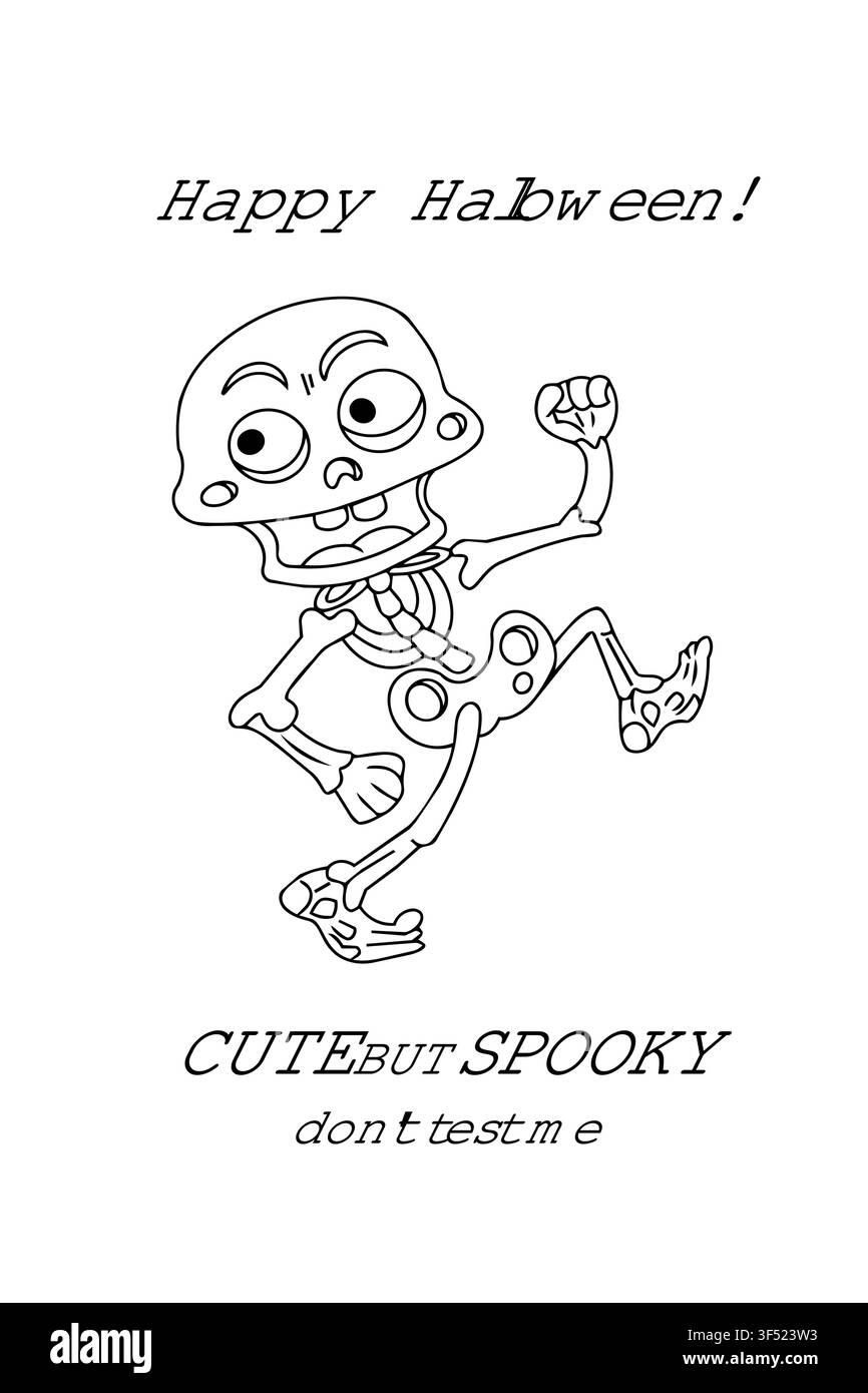 Niedliches gruselig wütendes Skelett für Halloween-Vektorillustration. Gruselig tanzender Schädelcharakter in lustiger dynamischer Pose. Gotische Typografie-Zitatdesign Stock Vektor