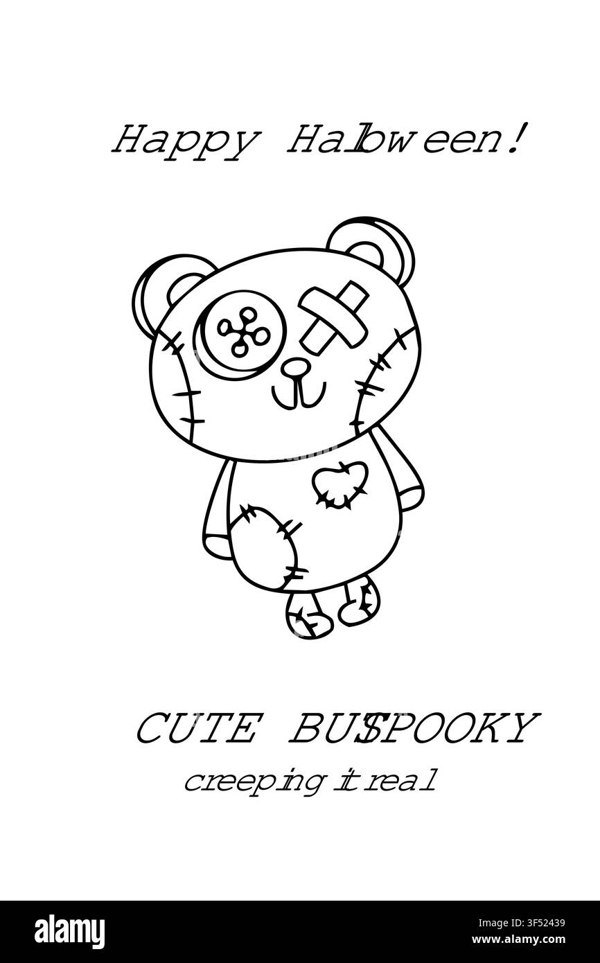 Niedlicher gruseliger Zombie-Teddybär für Halloween-Vektorillustration. Gruseliges Plüschtier-Druck mit Knopfaugen und Stichen. Gotische Typografie-Zitatdesign Stock Vektor