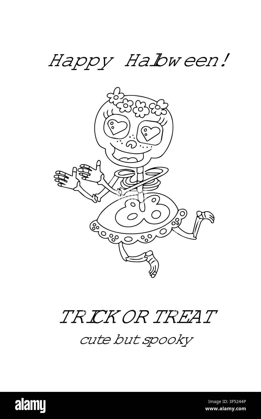 Niedliches gruseliges Mädchen-Skelett im Kleid für Halloween-Vektorillustration. Grusliger tanzender Schädelcharakter mit Blumenkrone. Gothic-Typografie-Zitatdesign Stock Vektor