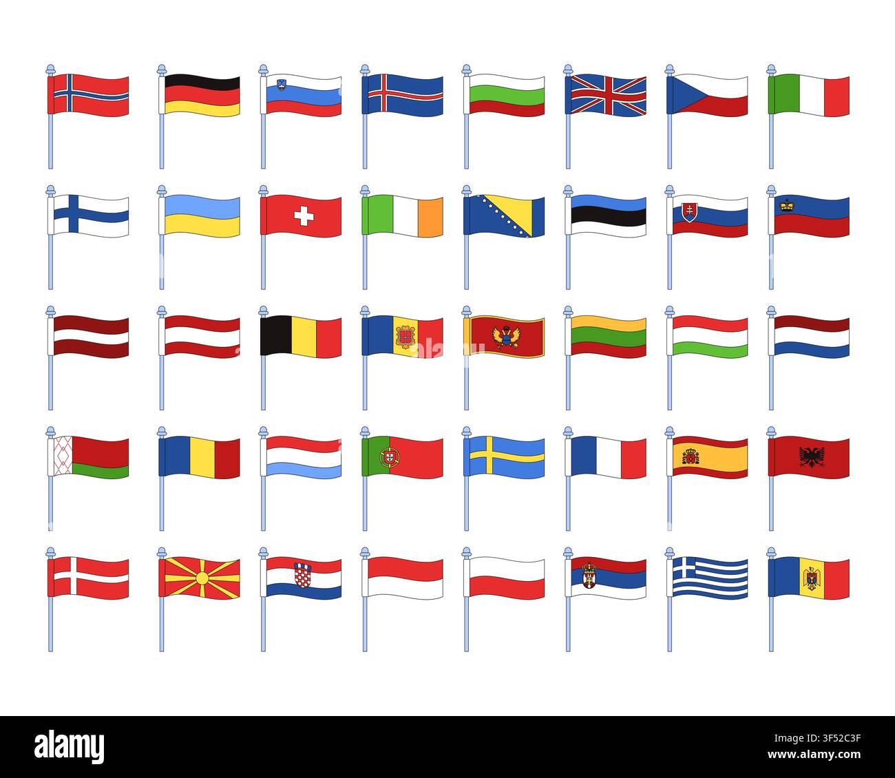 Europäische Landesflaggen auf Flaggenmasten 2D-Cartoon-Clipart-Set Stock Vektor
