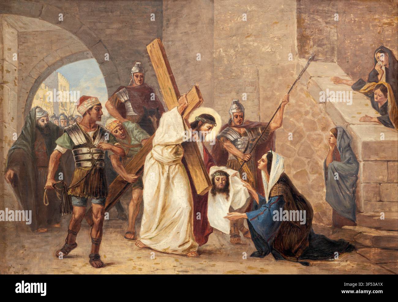 MONZA, ITALIEN - 19. MÄRZ 2026: Das Gemälde der Veronika, die das Gesicht Jesu abwischt (Kreuz war Station) in der Kirche Chiesa di San Carlo Stockfoto