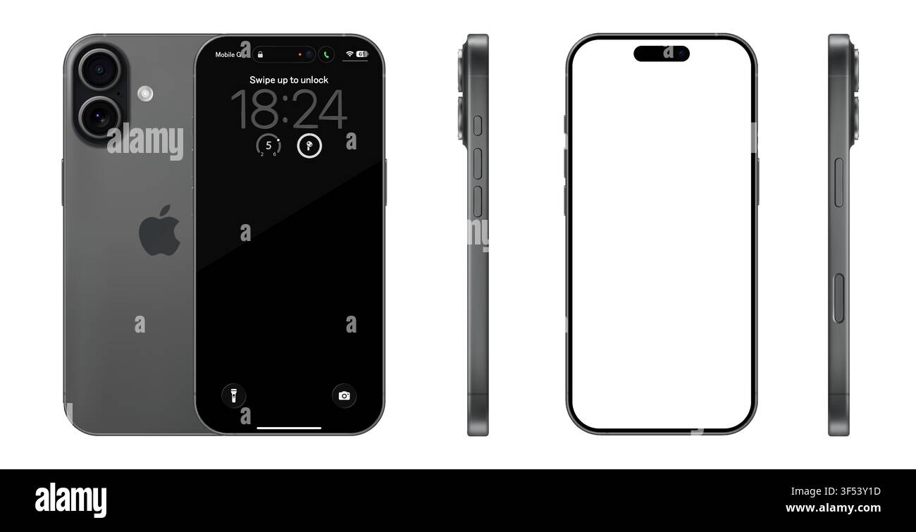 Apple iPhone 17 Black Mockup. Vorder-, Rück- und Seitenansichten isoliert auf weißem Hintergrund. Vektorredaktionsillustration Stock Vektor