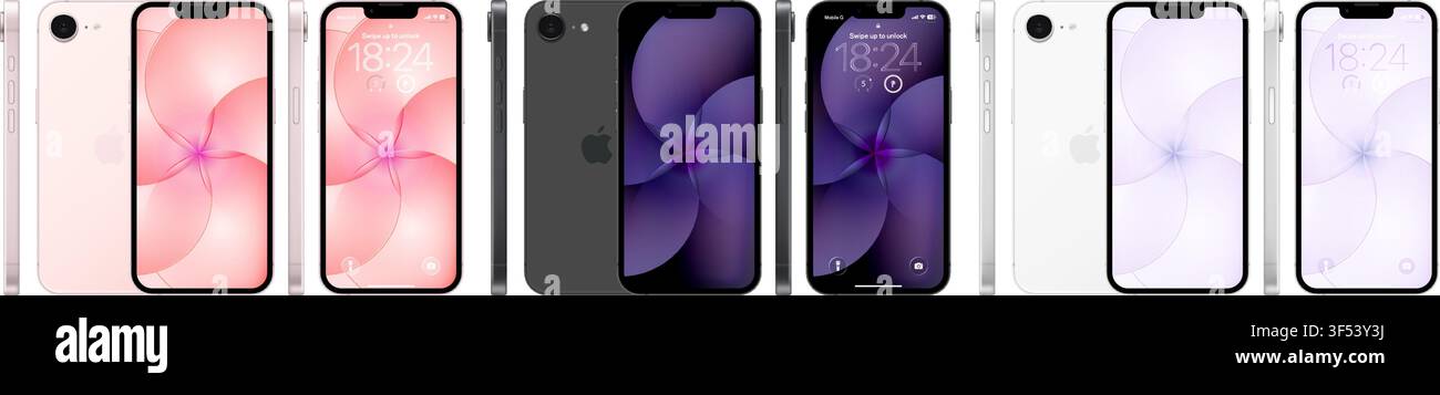 Apple Iphone 17e-Modellreihe-Mockup-Pack: schwarz, weiß und zartrosa. Vorder- und Rückansicht isoliert auf transparentem Hintergrund. Vektor-Editorial-PNG Stock Vektor