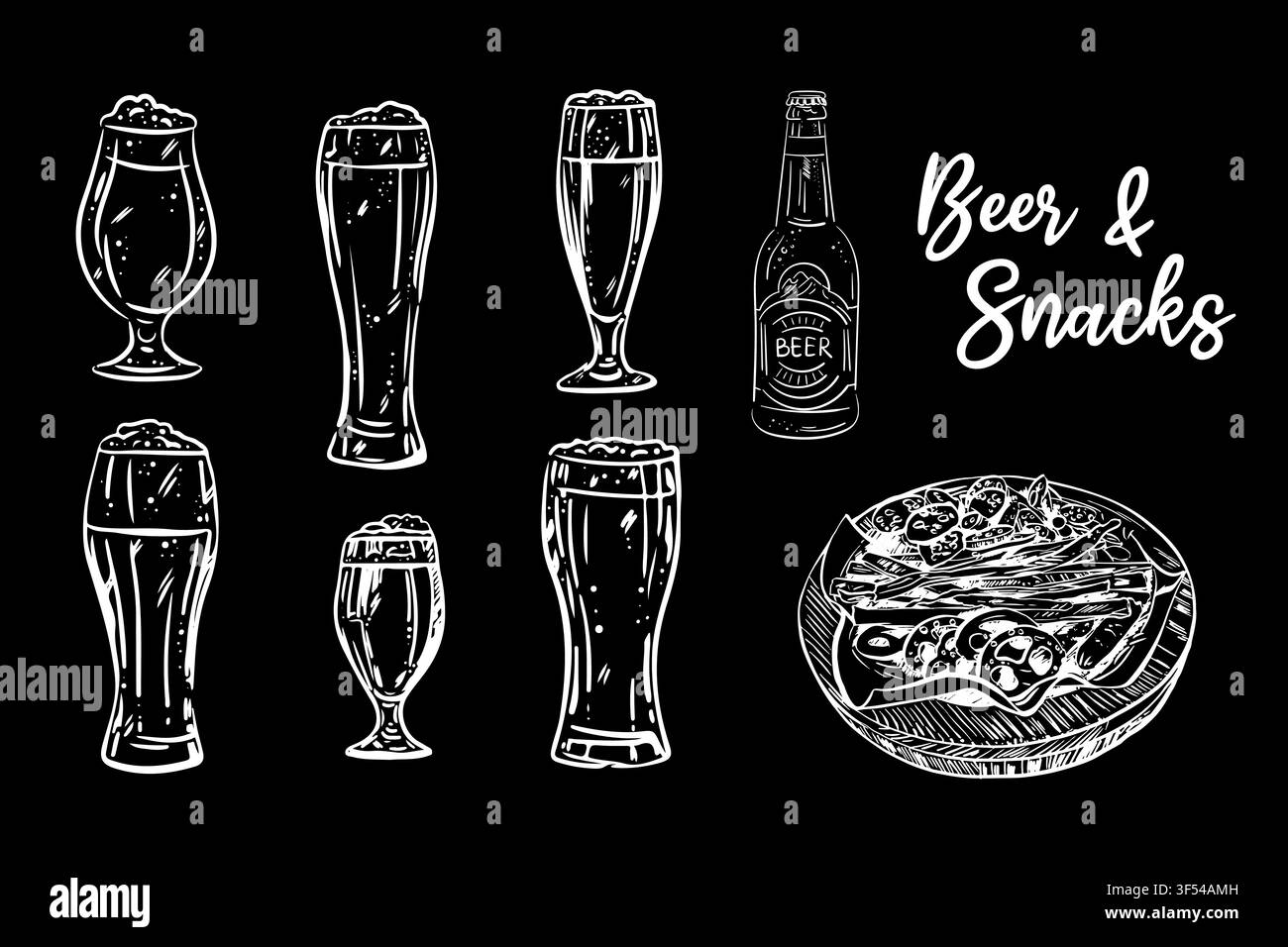 Biergläser und Flasche mit verschiedenen Pub-Vorspeisen im Vintage-Stil mit Gravuren. Handgezeichnete Illustrationssammlung für Brauerei-Menüs, Bar-Branding Stock Vektor