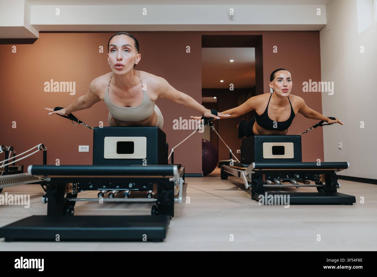 Zwei Frauen machen Pilates-Reformer-Training in einem modernen Studio und führen synchronisierte Rückenerweiterungen durch Stockfoto