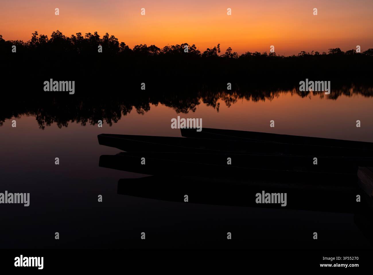 Landschaftsansicht des Sonnenaufgangs über Mangroven, Gambia-Fluss, Kombo Nord, Gambia, Dezember Stockfoto