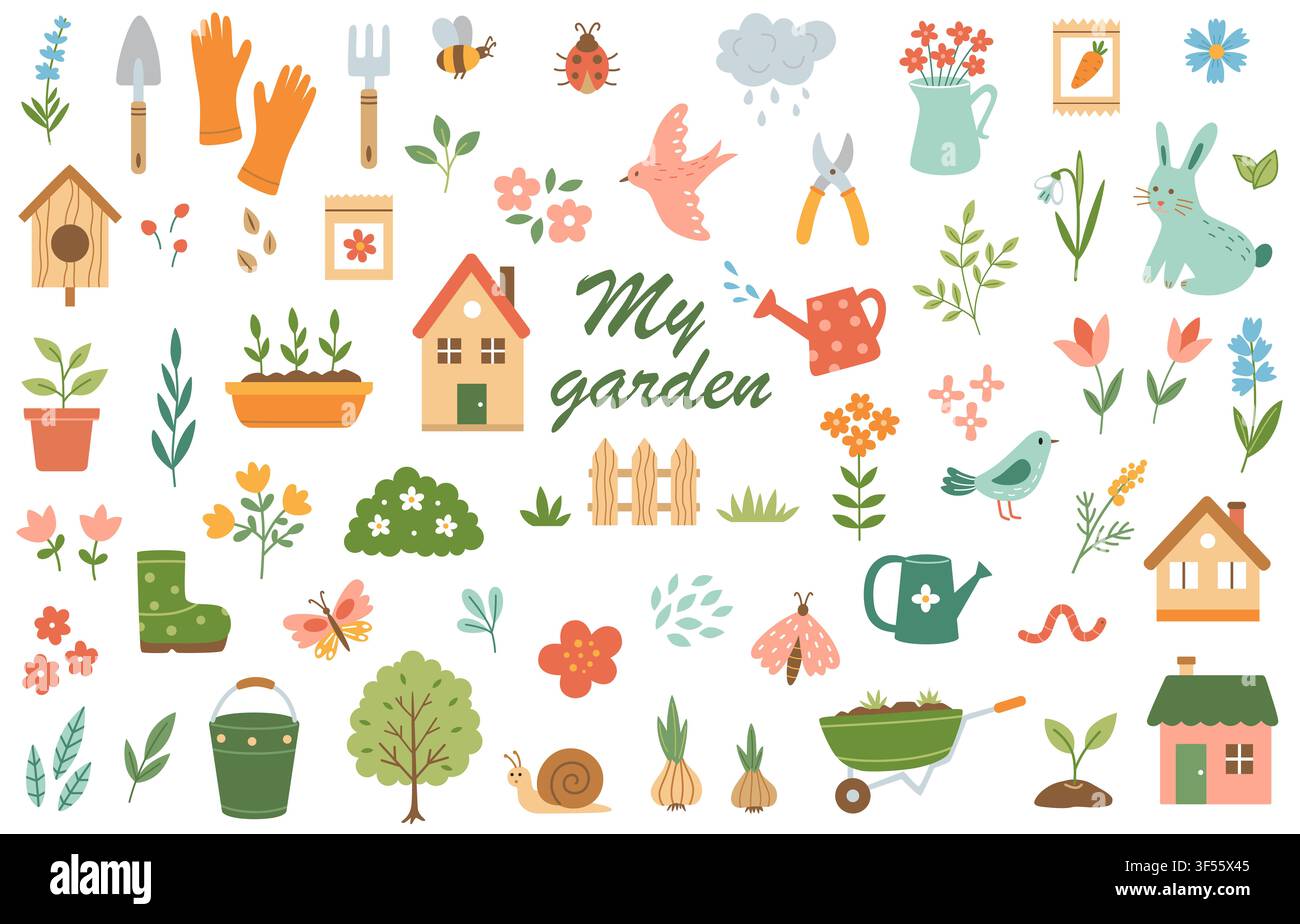 Süße Frühlingsgarten-Clipart-Sammlung mit Gartengeräten, Blumen, Pflanzen, Vögeln, Insekten, Kaninchen, Cottage-Haus und Naturglementen. Flacher Vektor i Stockfoto