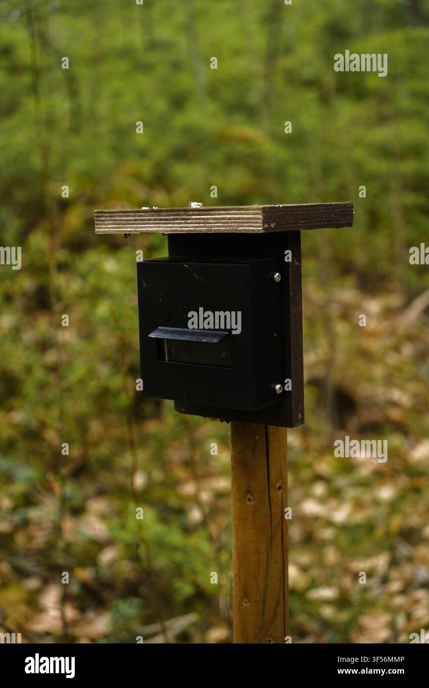 Nahaufnahme eines Wegzählgeräts, das an einem Holzpfosten in einem Wald montiert ist Stockfoto