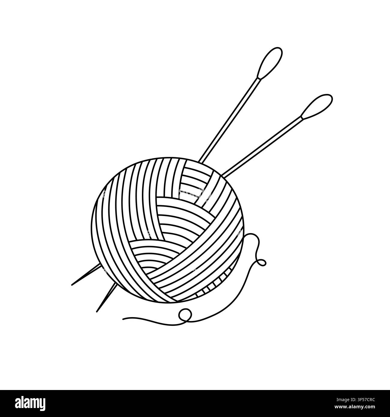 Ballen Wollgarn mit Stricknadeln, Konzept für gemütliches Winterhobby, handgemachte warme Kleidung, kreative Herbstfreizeit, weicher Textilfaden, entspannende Hauskunst, handgezeichnete Umrissillustration Stock Vektor