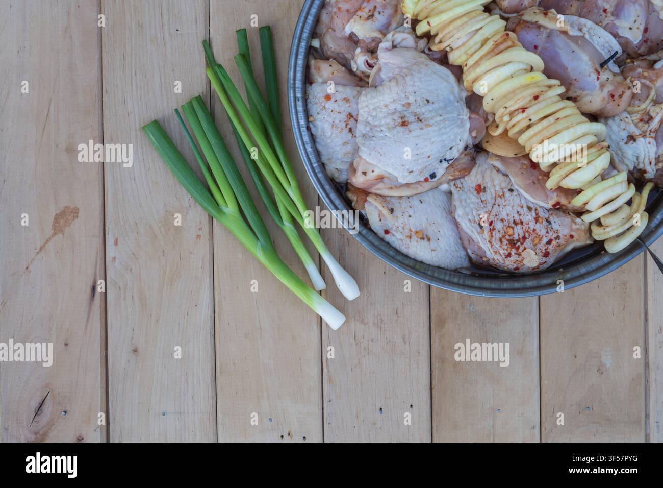 Frisches mariniertes Huhn mit geschnittener Zwiebel auf einem Spieß und grüner Zwiebel, vorbereitet für das Grillen im Freien. Stockfoto